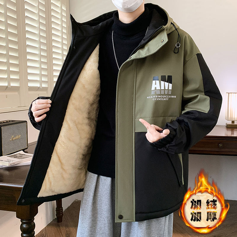 冬季加绒加厚外套男青少年学生宽松连帽冲锋衣夹克初中生男生棉衣