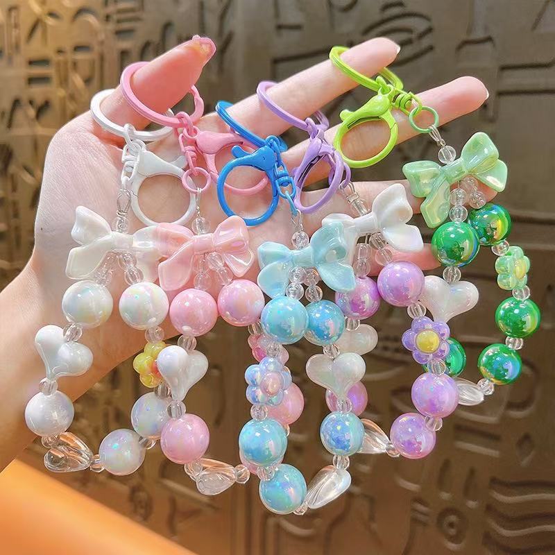 Creative Small Fresh Candy Color Plated Beaded Keychain Bow Love Keychain Bag Small Pendant Wholesale