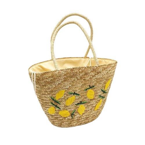 Summer large-capacity lemon embroidered beach bag hand-woven bag shoulder bucket bag women's wheat braided straw bag