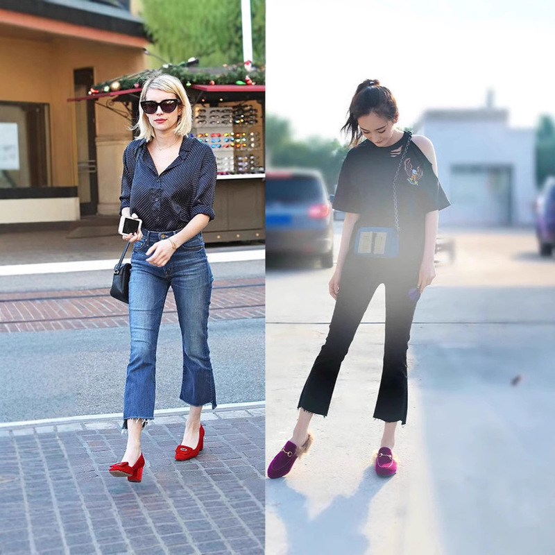 Mo Diagonal Hem Frayed Denim Flared Pants for Women, High-Waisted, Slimming, Stretchy, Black, Cropped Pants, 2026 Spring, Same Style as Yang Mi