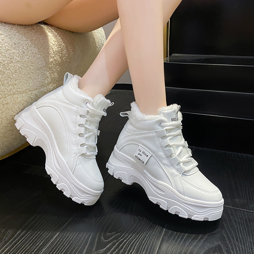  winter new high-top thick-soled white shoes plus velvet Korean style versatile casual shoes thickened warm cotton shoes A08