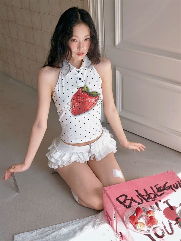 可爱少女黑白波点小恶魔角草莓辣妹挂脖露背背心上衣女装夏季新款|undefined