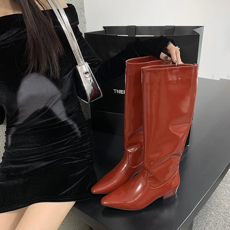 绝绝子~绝美炸街直筒亮皮长靴女秋冬新款2025配裙子气质高筒靴子|undefined