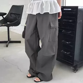 现货韩国小众东大门韩代pad同款松紧腰大口袋压褶百搭休闲工装裤