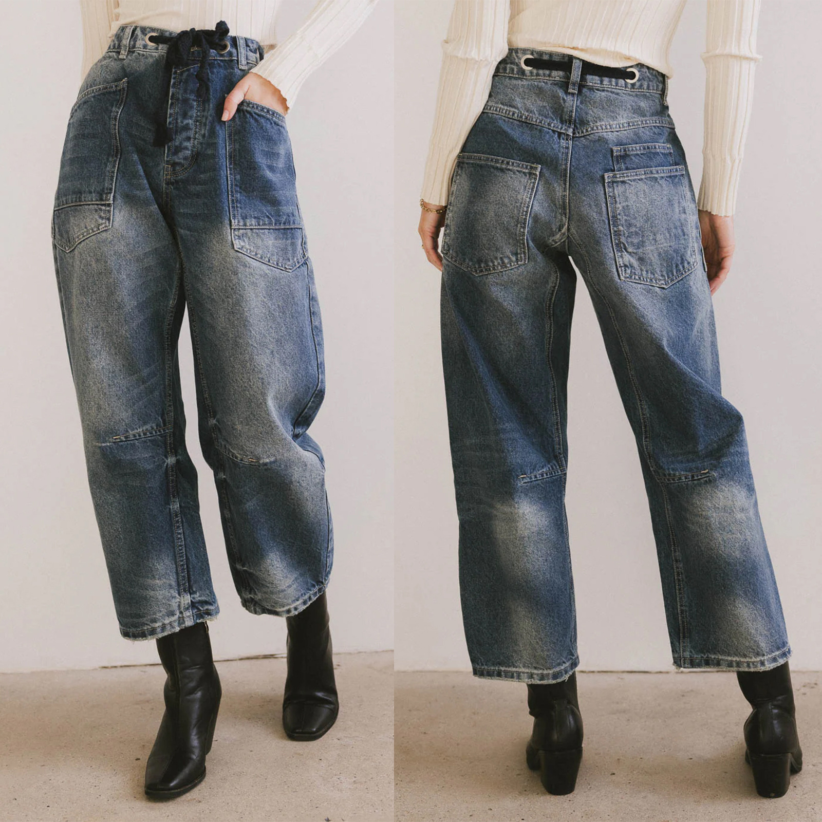 Jeans Rectos con Cordón para Mujer, Mezclilla de Algodón y Poliéster, Cintura Media, Corte Holgado, para Uso Casual