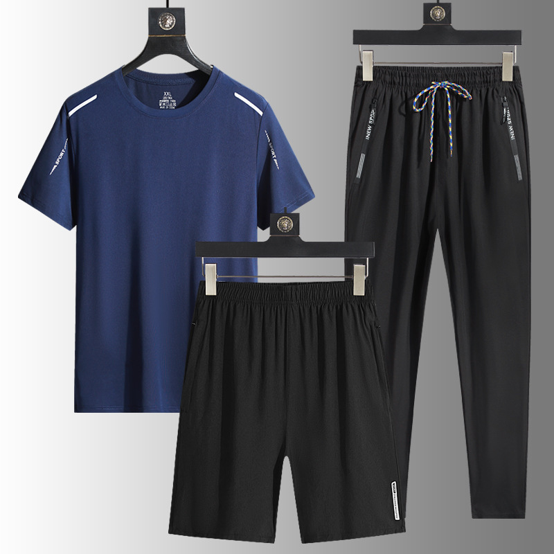 Men's Short-Sleeve Ice Silk T-Shirt Three-Piece Set, Summer Korean Style Trendy Casual Fashion Brand Plus Size Men's Clothing