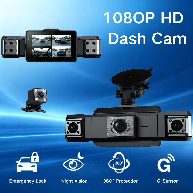 Cross-border four-lens dashcam with high-definition night vision, simultaneous four-record display, mobile phone connectivity, and in-car four-record recorder