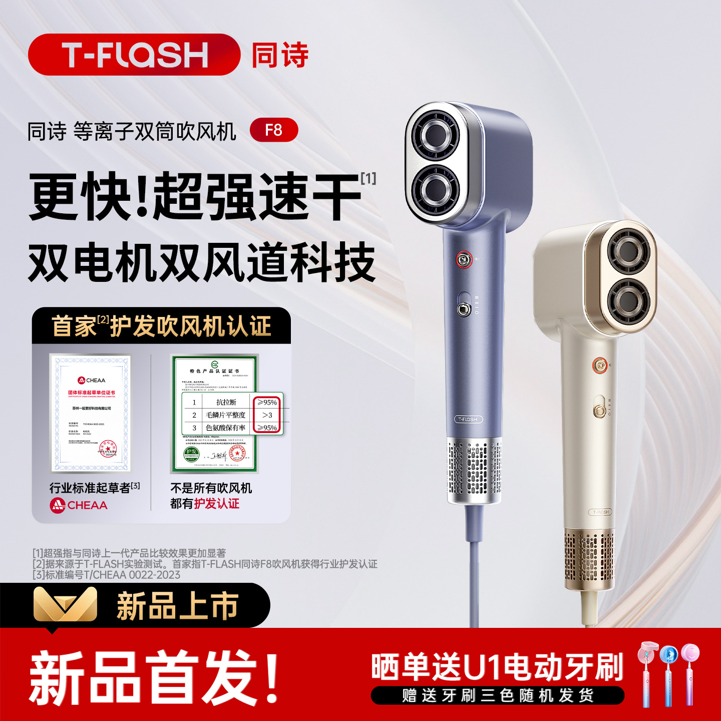 Tongshi Twin-Tube High-Speed Hair Dryer Household Plasma Hair Care Quick-Drying High-Wind Hair Dryer Gift F8