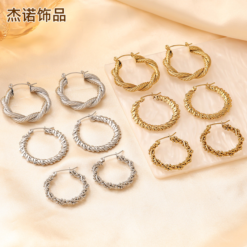 跨境欧美麻花圆形耳环不掉色复古轻奢女款钛钢耳扣不锈钢耳环耳圈|undefined
