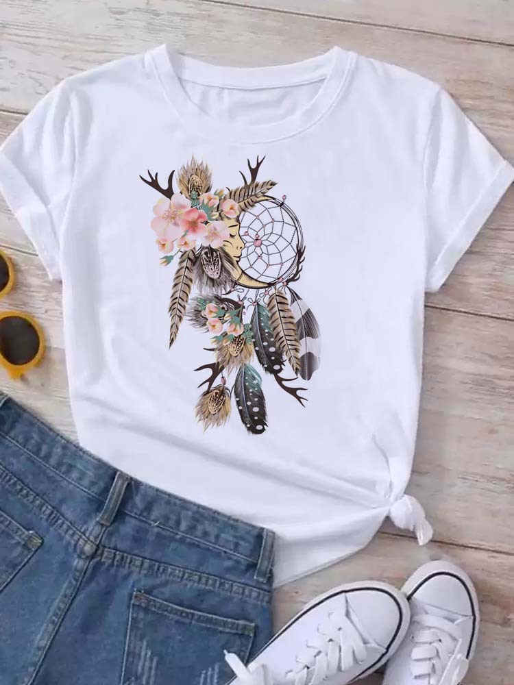 Polyester Fabric Type Regular Top Length T-shirt Tops Type Daily Occasion Wholesale Women'S Casual Heart Shape Flower Short Sleeve Printing T-Shirts