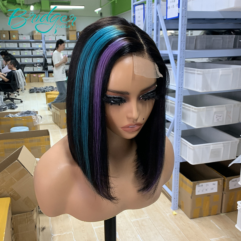 Parrucca con chiusura BOB blu e viola 2*6kim parrucca con capelli veri parrucca con capelli umani_voghion.com