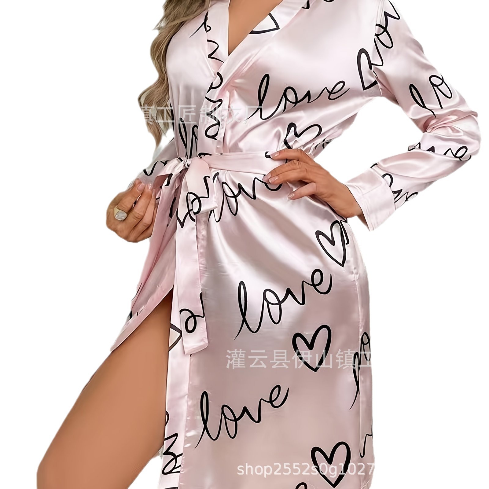 Transfronterizos TEMU mujeres de verano nuevo estilo impresión de seda pijama de mangas largas correa bata de baño corta pijama casero sexy
