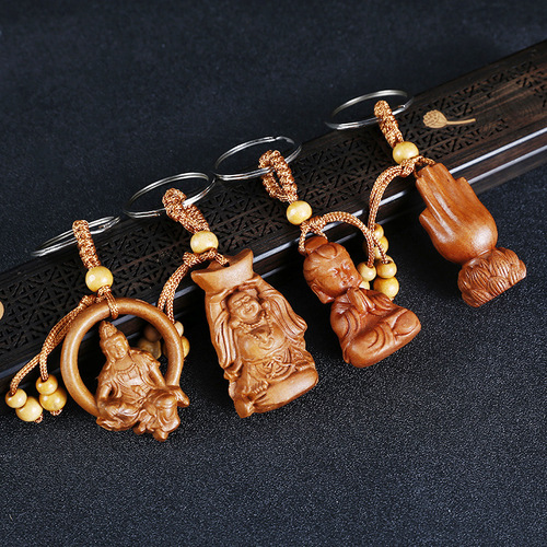 Wood carving wooden keychain wholesale wooden car pendant jewelry peach wood Guanyin Buddha attraction key pendant dropshipping