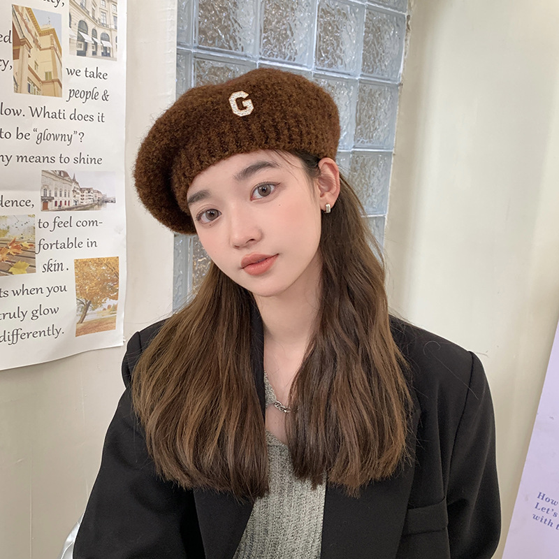 Neue japanische Plüsch-Malermütze, koreanische Version, modische und niedliche Strickmütze, Herbst und Winter, neue Damen-G-Label-warme Baskenmütze_voghion.com