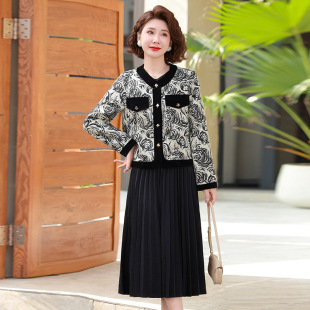 Mother middle-aged short coat long sleeve suit dress spring new fashion stitching pleated foreign style two-piece set