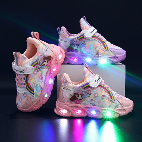 Girls 'shoes with lights Spring and Autumn mesh casual and comfortable children's sneakers, middle children's cartoon glowing children