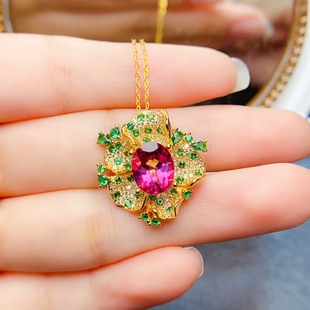 New natural powder topa pendant S925 silver inlaid main stone 8*10mm Joker net red explosions women's jewelry wholesale