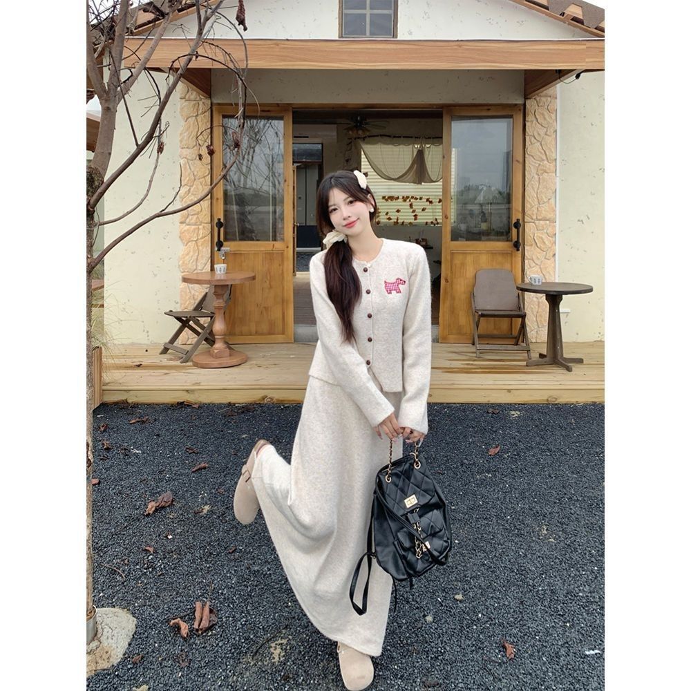 Women's Clothing Long Sleeved Cardigan Top And Skirt Two Piece Set For Women Autumn Outfit Youthful Slimming And Flattering_ecoleips.com