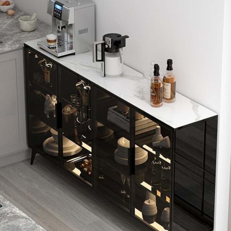 Light Luxury High-End Glass Home Kitchen Sideboard Integrated Against the Wall, Living Room Slate Modern Minimalist Wine Cabinet Storage Cabinet