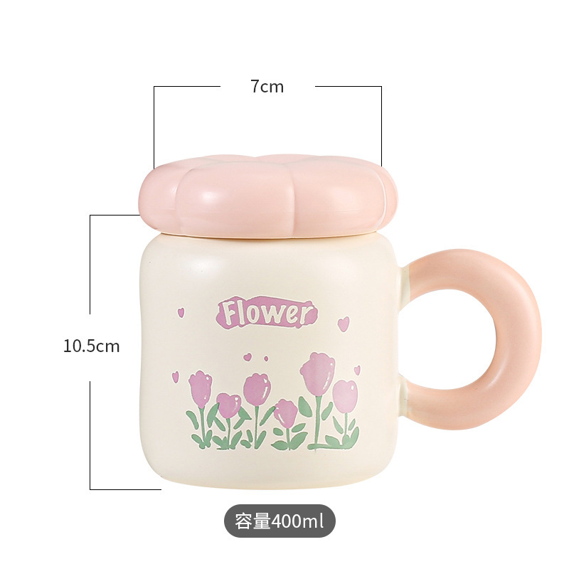 Ins高颜値女子マグカップ小清新チューリップ牛乳カップコーヒーカップ蓋付き朝食カップ陶磁器カップ|undefined