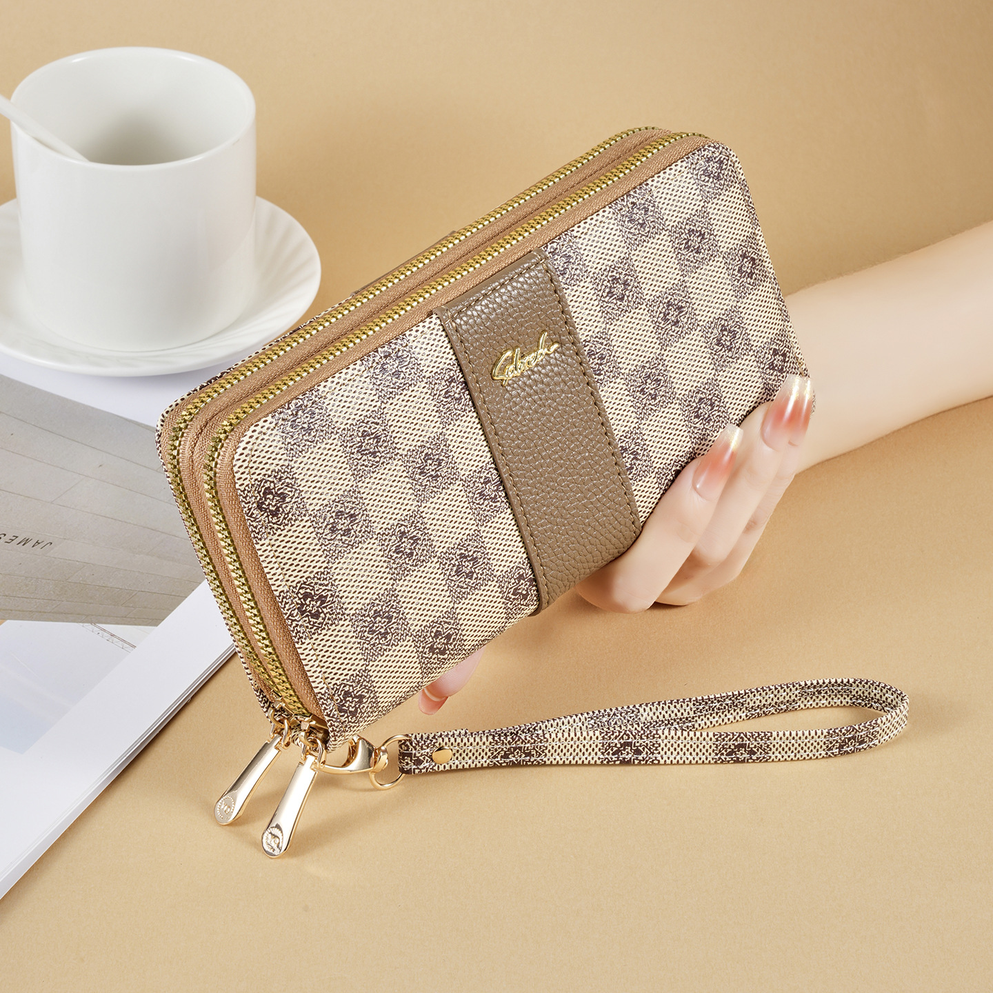 Nuevo tipo de billetera de doble tracción de tendencia transfronteriza impresión de empalme de moda universal doble multi-tarjeta zipper bolso