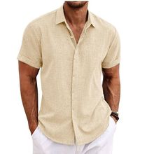 欧美男式双门襟棉麻开衫短袖高品质衬衣夏季居家短袖翻领衬衫跨境