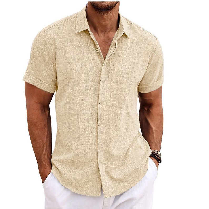 European and American Men's Double Placket Cotton Linen Cardigan Short-sleeved high quality Shirt Summer Home Short-sleeved Lapel Shirt Cross-border European and American Men's Double Placket Cotton Linen Cardigan Short-sleeved high quality Shirt Summer Home Short-sleeved Lapel Shirt Cross-border