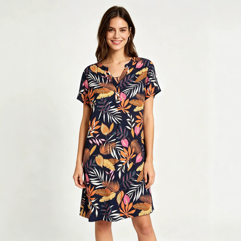 Hot-Selling Cross-Border New Summer Tropical Print Casual Floral Style Women's Short-Sleeve V-Neck European and American Dress
