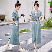 新中式牛仔连衣裙女2024夏季流行新款小个子拼接刺绣气质衬衫裙子