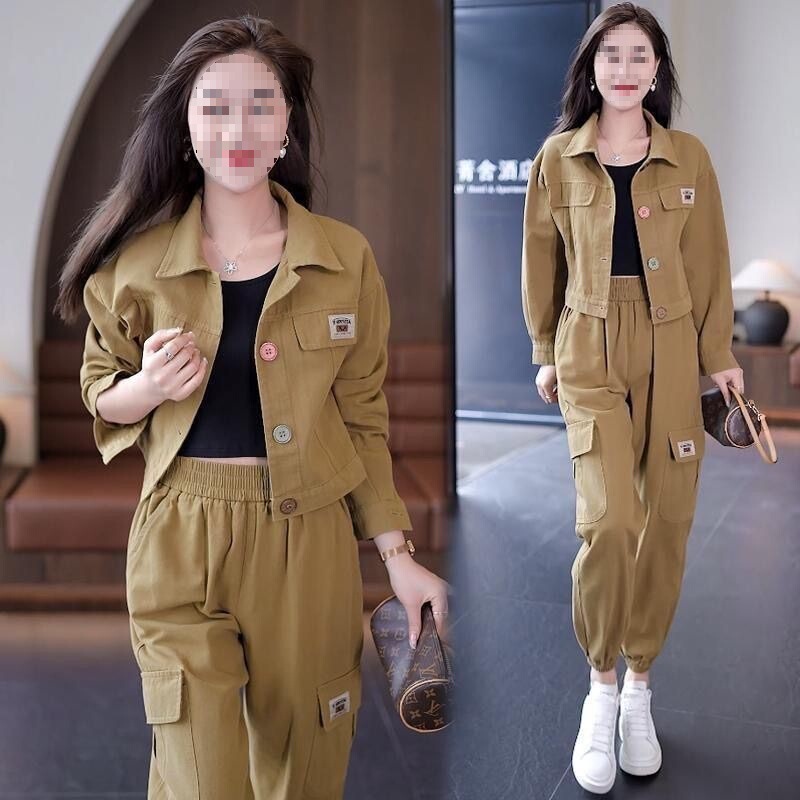 Trendy Youthful Workwear Set for Women 2024 Spring and Autumn New Petite Casual Short Jacket and Cargo Pants Two-Piece Set