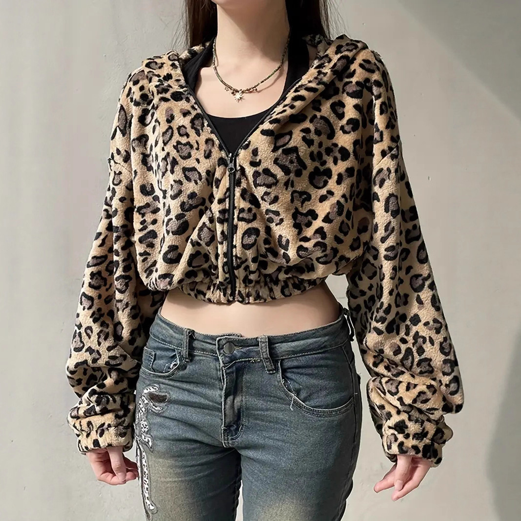 Cross-Border Amazon Leopard Print Hooded Zipper Jacket European and American Independent Long-Sleeved Plush Sweatshirt Jacket for Women 9079 #