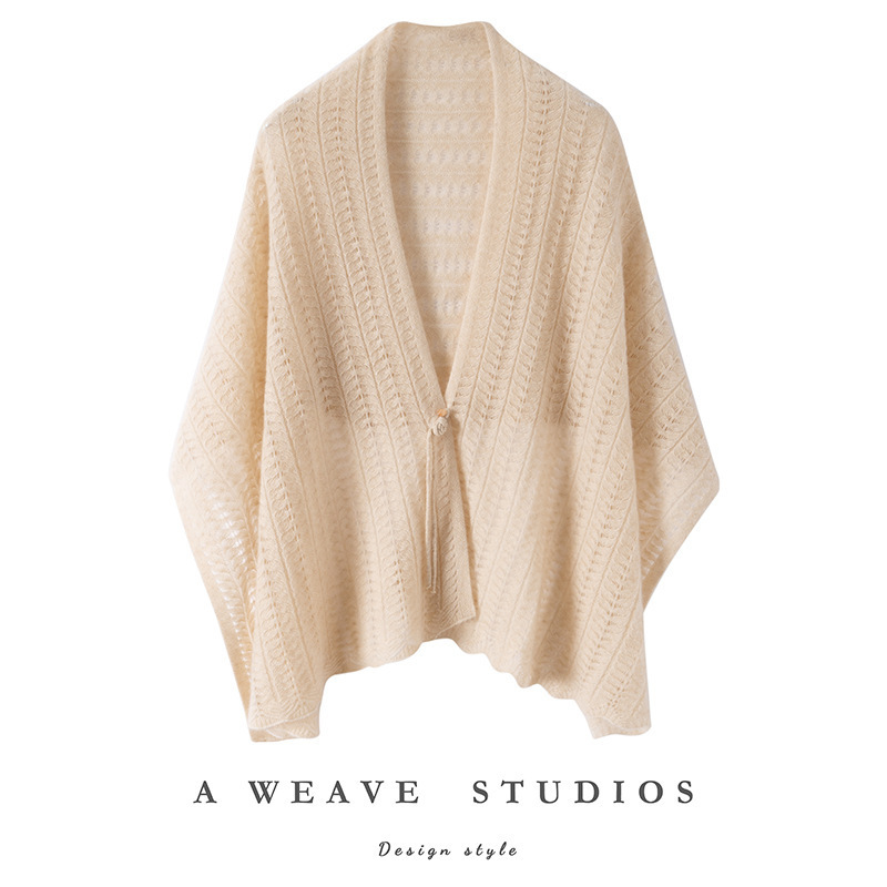 Women's Cashmere Sweater, Knitted Shawl with Button Closure, Sleeveless Outerwear, Hollow Jacquard, Solid Color Scarf, Retro Ethnic Style Shirt