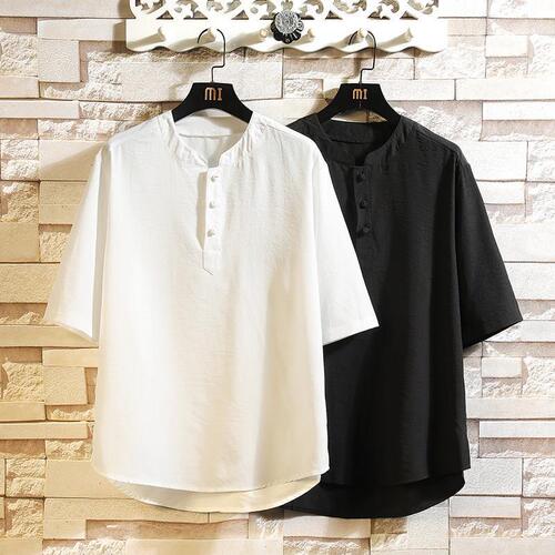Men's Summer Thin Ice Silk Short Sleeve Shirt with Chinese Knot Button Tangzhuang Top Trend Brand Loose Half Sleeve Collared Shirt