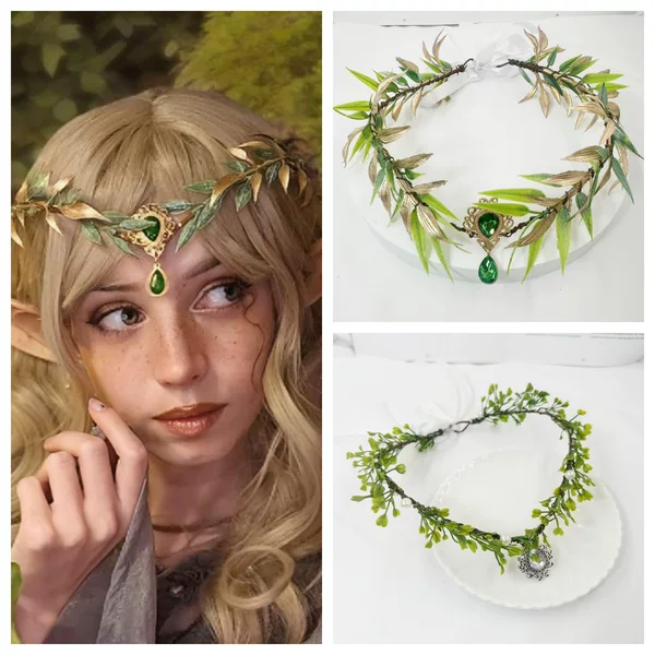 Cross-border Crown Baroque Retro Elf Headwear Mori Golden Bamboo Leaf Eyebrow Hanging Flower Ring Headband Cross-border Explosions