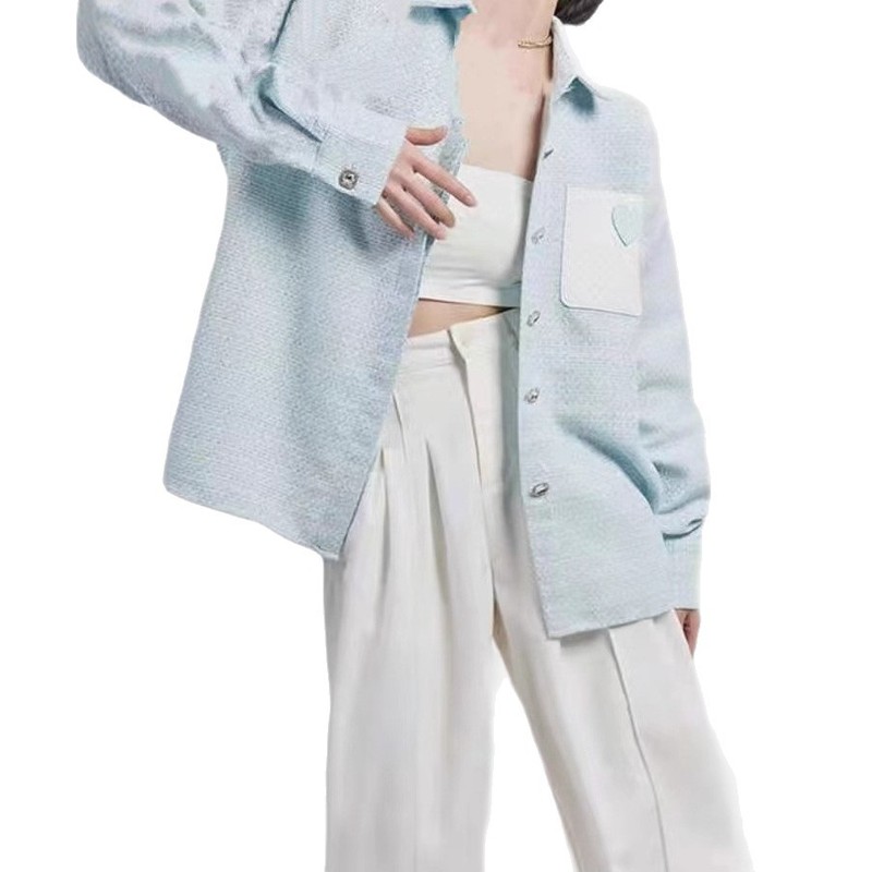 撞色皮革爱心口袋蓝色小香风少女粗花呢衬衫外套女新款气质外套|undefined