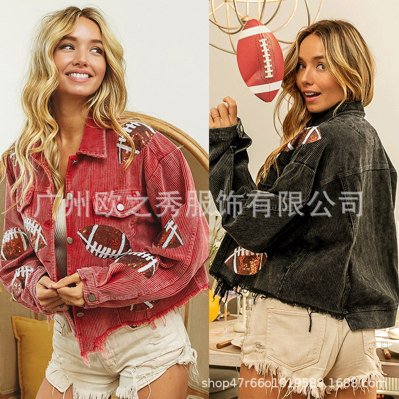 Spring and Autumn Explosions Lapel Jacket Jacket Coat Sequins Embroidered Corduroy Olive Suit Top