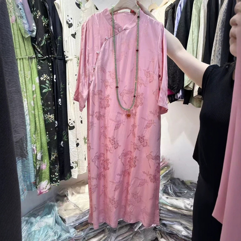 New Chinese Style 2025 New Rayon Jacquard Stand Collar Mid-Sleeve Dress Retro Literary Oblique Lapel Women's Cheongsam Dress