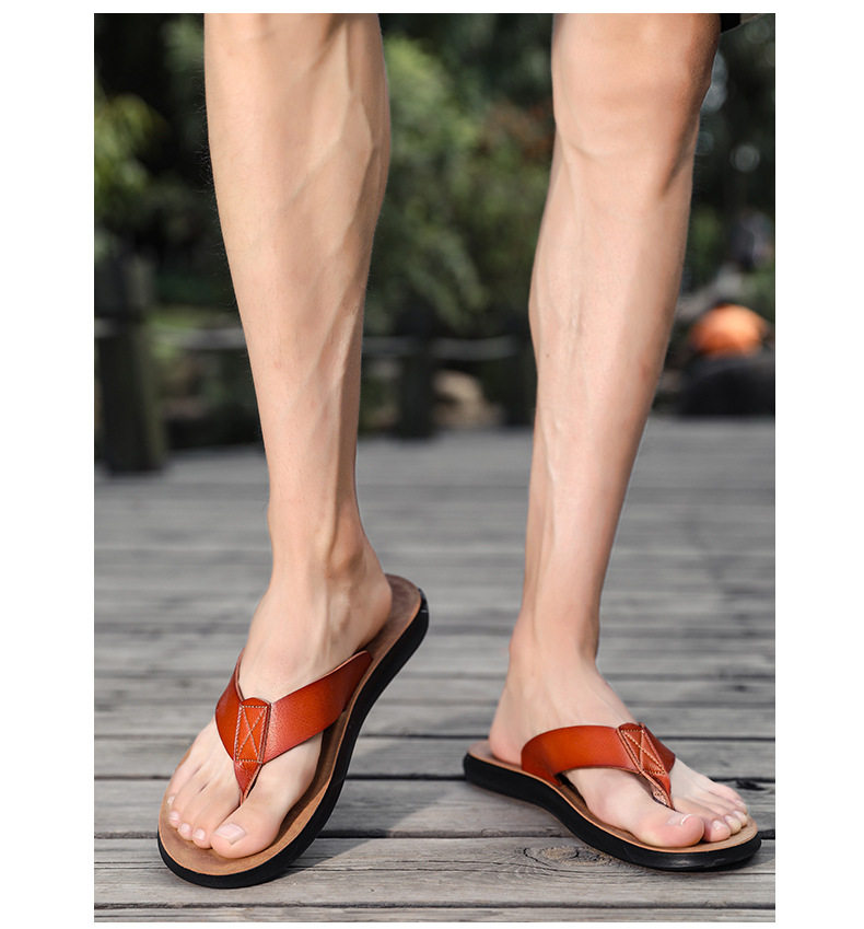 Dép lê nam quai ngang xỏ ngón chống trơn trượt, dép da đi biển cỡ lớn — Kaki, Màu trắng, Màu xanh lam, Nâu vàng chi tiết 8