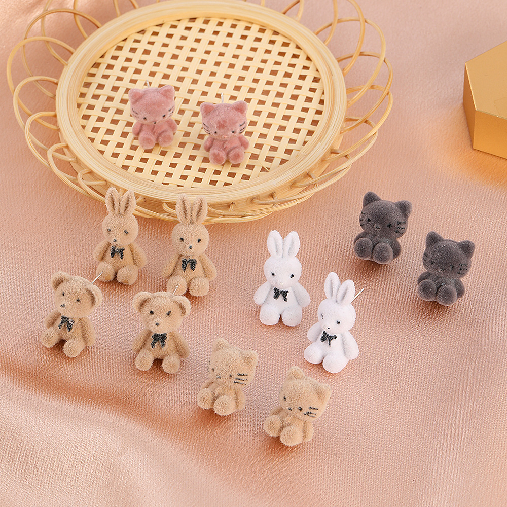 Korean Cartoon Cute Flocking Bear Earrings 925 Silver Needle Plush Rabbit Cat Earrings display picture 3