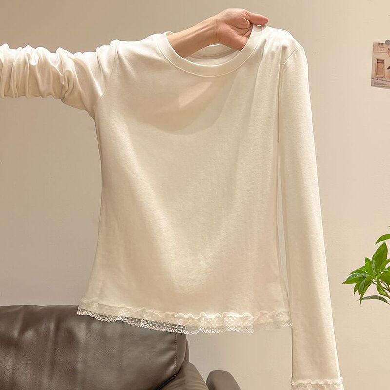 White Lace Hem Brushed Long-Sleeve T-Shirt for Women, 2026 Autumn/Winter Design, Fleece-Lined Base Layer Top