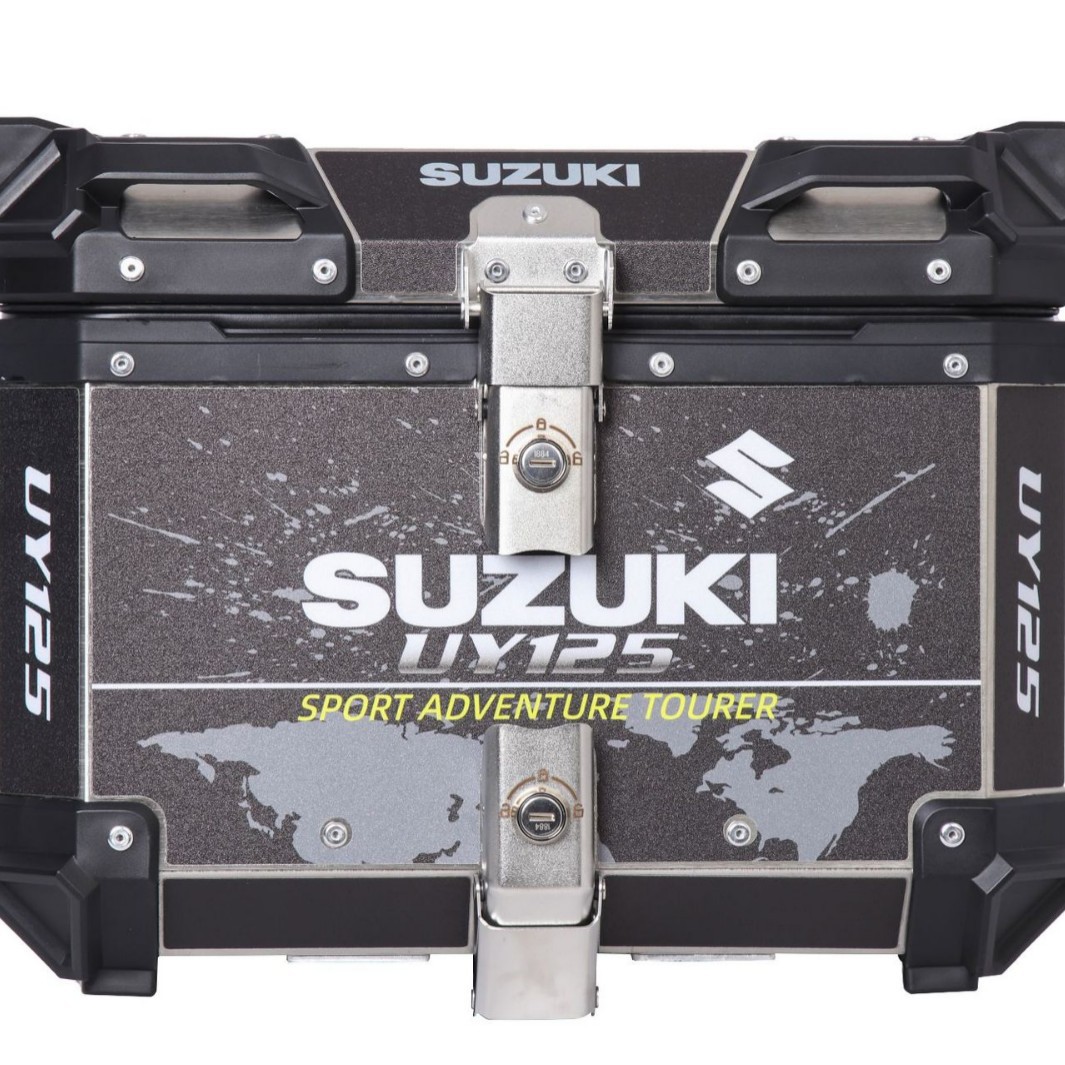 45LUY125 caja trasera de aleación de aluminio negro con calcomanía, caja trasera de motocicleta, scooter, ternero, coche eléctrico, maletero