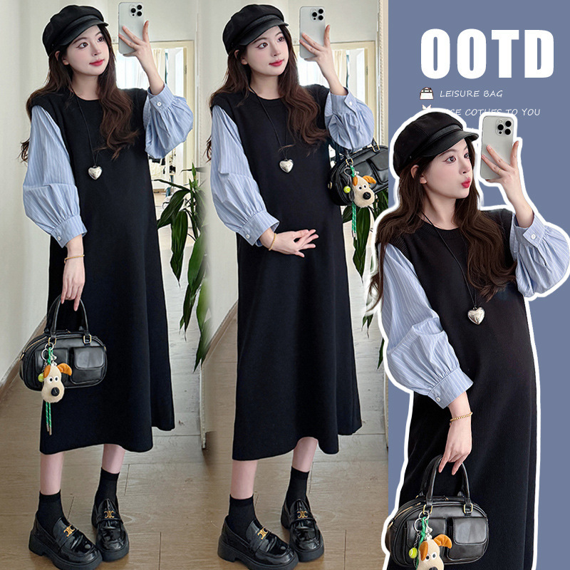 2025 Autumn New Designer Fake Two-Piece Shirt Knit Dress Loose Slimming Patchwork Maternity Dress