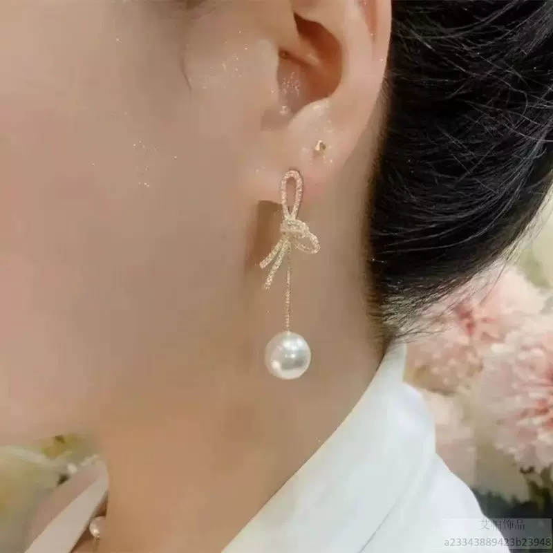 春夏新款蝴蝶结珍珠耳坠法式小众设计感高级网红耳钉轻奢璀璨