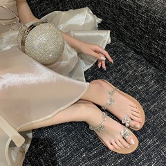 秒發！王小毒同款鞋一字鑽帶夾趾拖鞋女夏季外穿新款平底涼拖