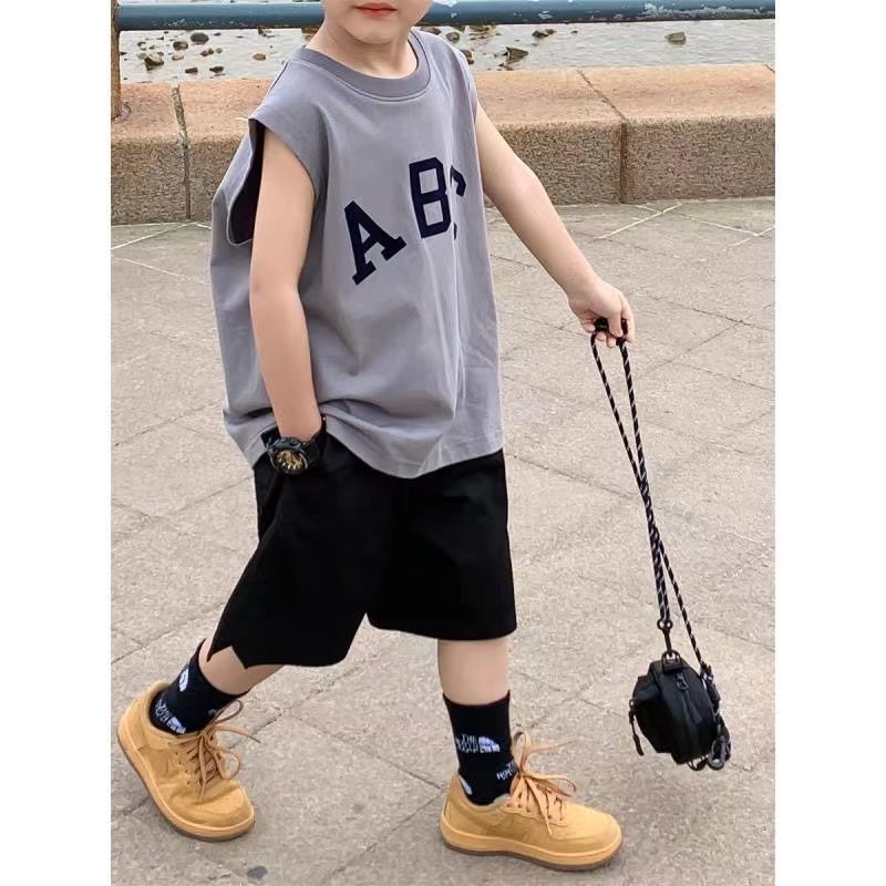 Men's Letter Handed T-Shirt, Korean Style, Stylish Loose Fit, Summer, Medium-Size, Sleeveless Children's Top, Trendy 0160A011
