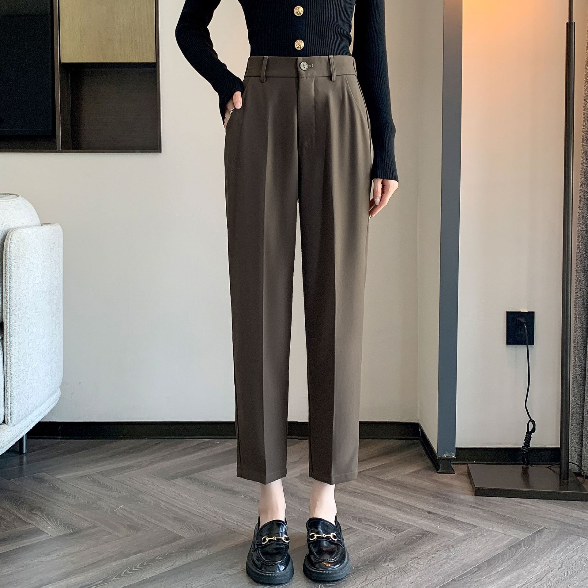 Spring And Autumn Style Nine-point Suit Pants For Women,Korean Style High-waisted Casual Harem Pants For Small People,Drapey Slim Cigarette Pants