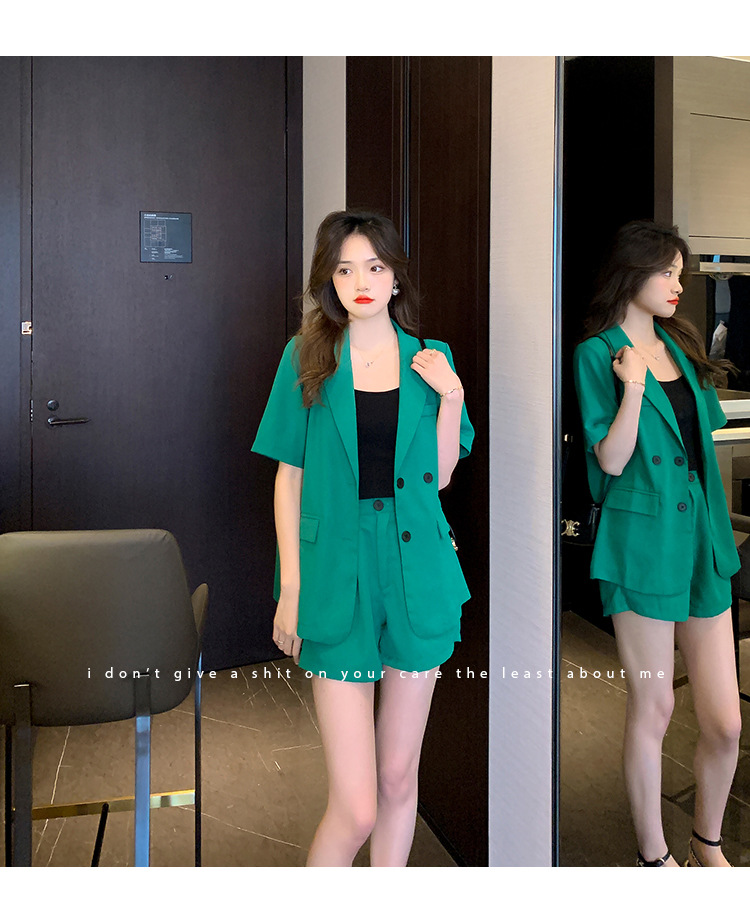 【中国直邮】HEY+JEANS 夏季新款气质短袖西装外套+高腰短裤两件套 玫红色 S