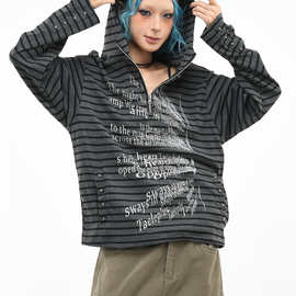 美式街头个性标语印花连帽条纹卫衣男女2026秋季亚文化修身外套潮