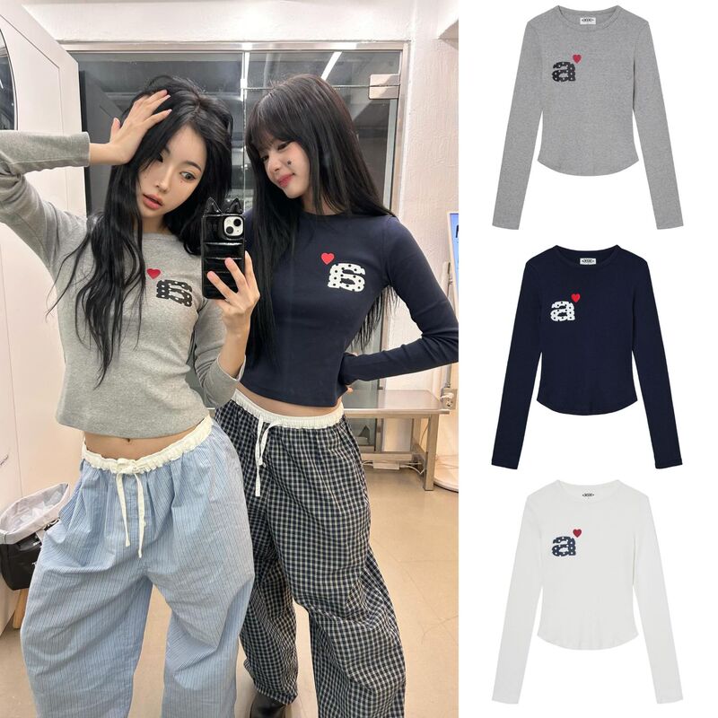 Korean Niche Trendy Brand Aeae Long-Sleeved Women's Early Autumn a Letter Heart Print Slim Versatile Short T-Shirt Top