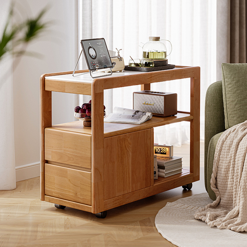 Sofá de madera maciza gabinete lateral tablero de roca lateral rueda nórdica pequeña sala de estar móvil mesa de té mesa de cabezal de cama